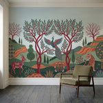 papier peint panoramique oiseaux paon cerf tigre paysage vallonne tons vert saug-2