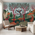 papier peint panoramique oiseaux paon cerf tigre paysage vallonne tons vert saug-VARIANTE-10