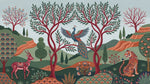 Papier peint panoramique oiseaux - Paon cerf tigre paysage vallonné tons vert sauge et rouge bordeaux sur mesure - Design