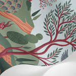 Papier peint panoramique oiseaux - Paon cerf tigre paysage vallonné tons vert sauge et rouge bordeaux sur mesure - Matière