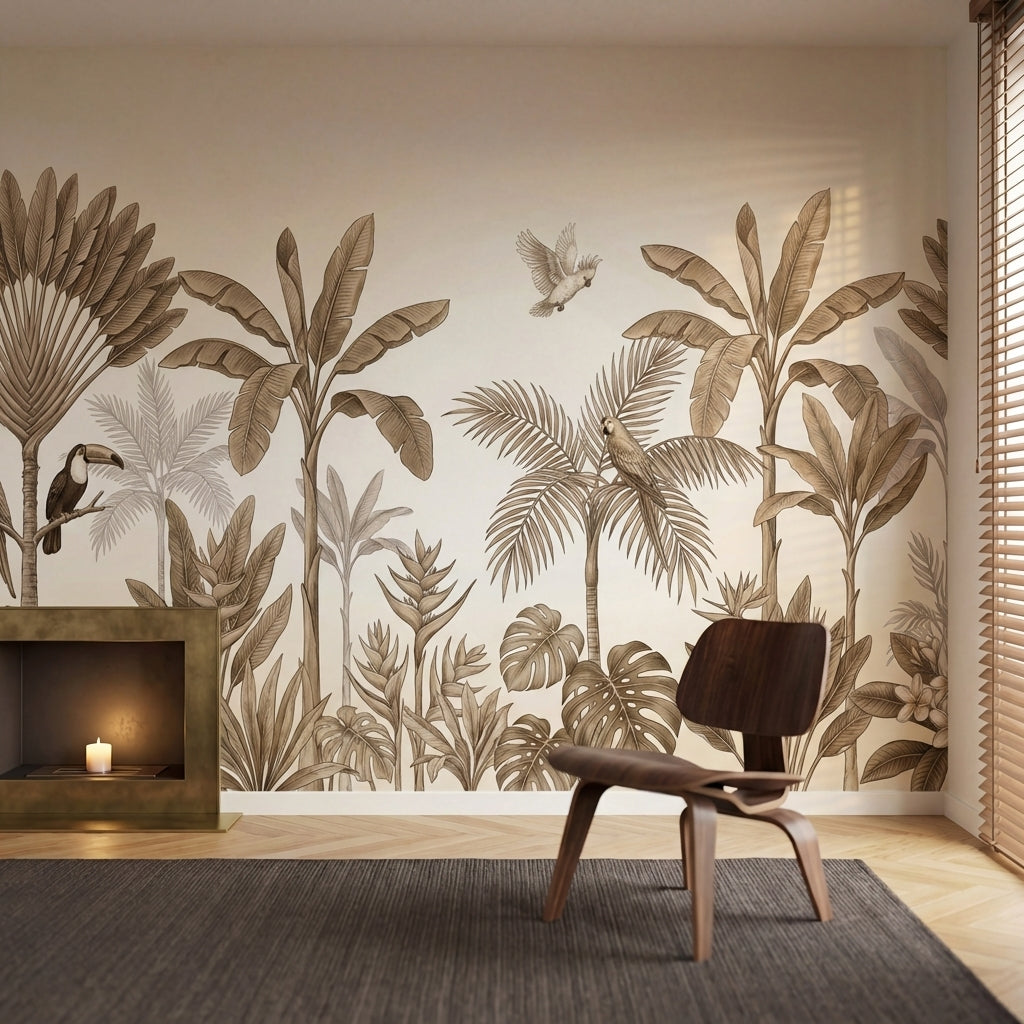 papier peint panoramique oiseaux toucan perroquet jungle tropicale tons beige cr-2