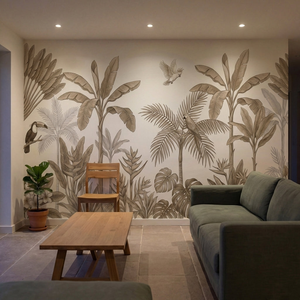 papier peint panoramique oiseaux toucan perroquet jungle tropicale tons beige cr-6