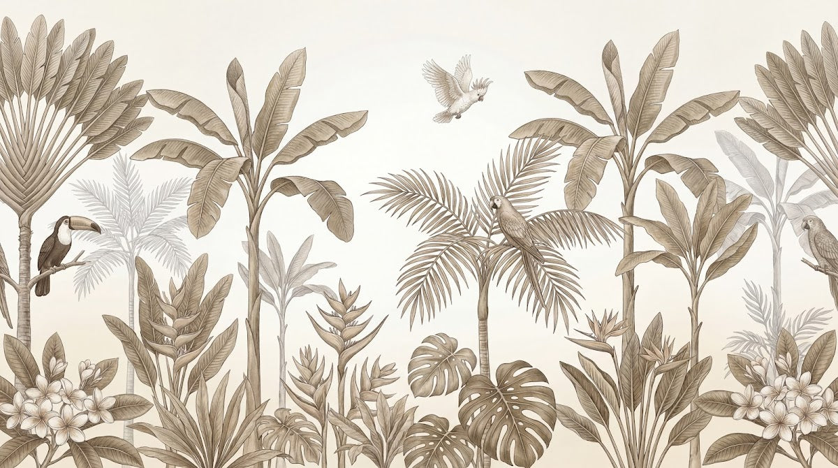 Papier peint panoramique oiseaux - Toucan perroquet jungle tropicale tons beige crème et brun sur mesure - Design