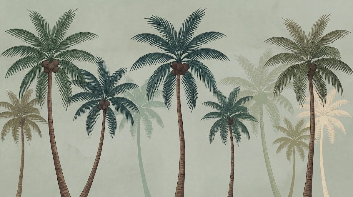 Papier peint panoramique palmier - Cocotiers tropicaux feuilles détaillées fond beige crème et vert sauge sur mesure - Design