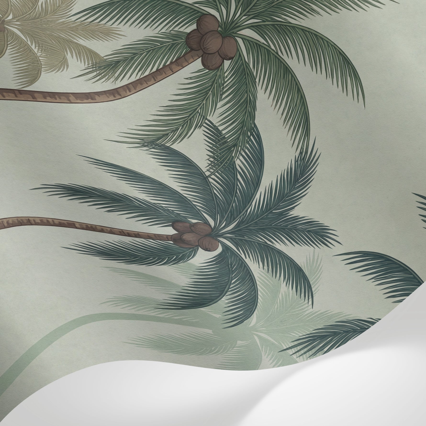 Papier peint panoramique palmier - Cocotiers tropicaux feuilles détaillées fond beige crème et vert sauge sur mesure - Matière