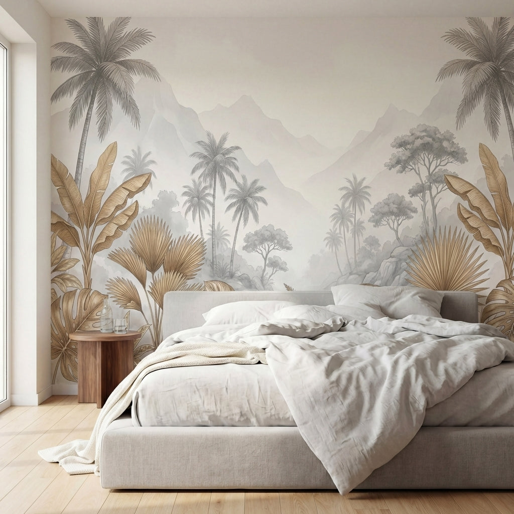 papier peint panoramique palmier dore feuilles bananiers tropicaux montagnes bru-HERO-8