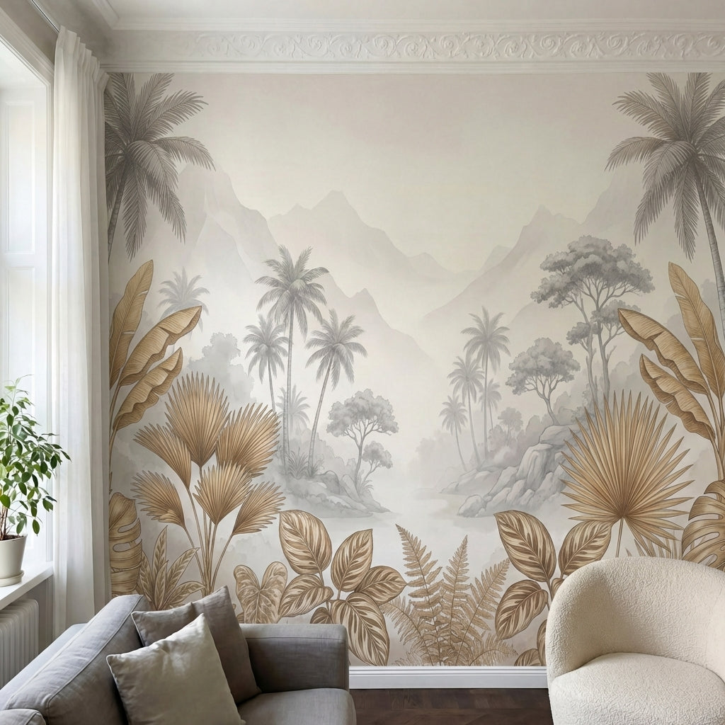 papier peint panoramique palmier dore feuilles bananiers tropicaux montagnes bru-HERO-9