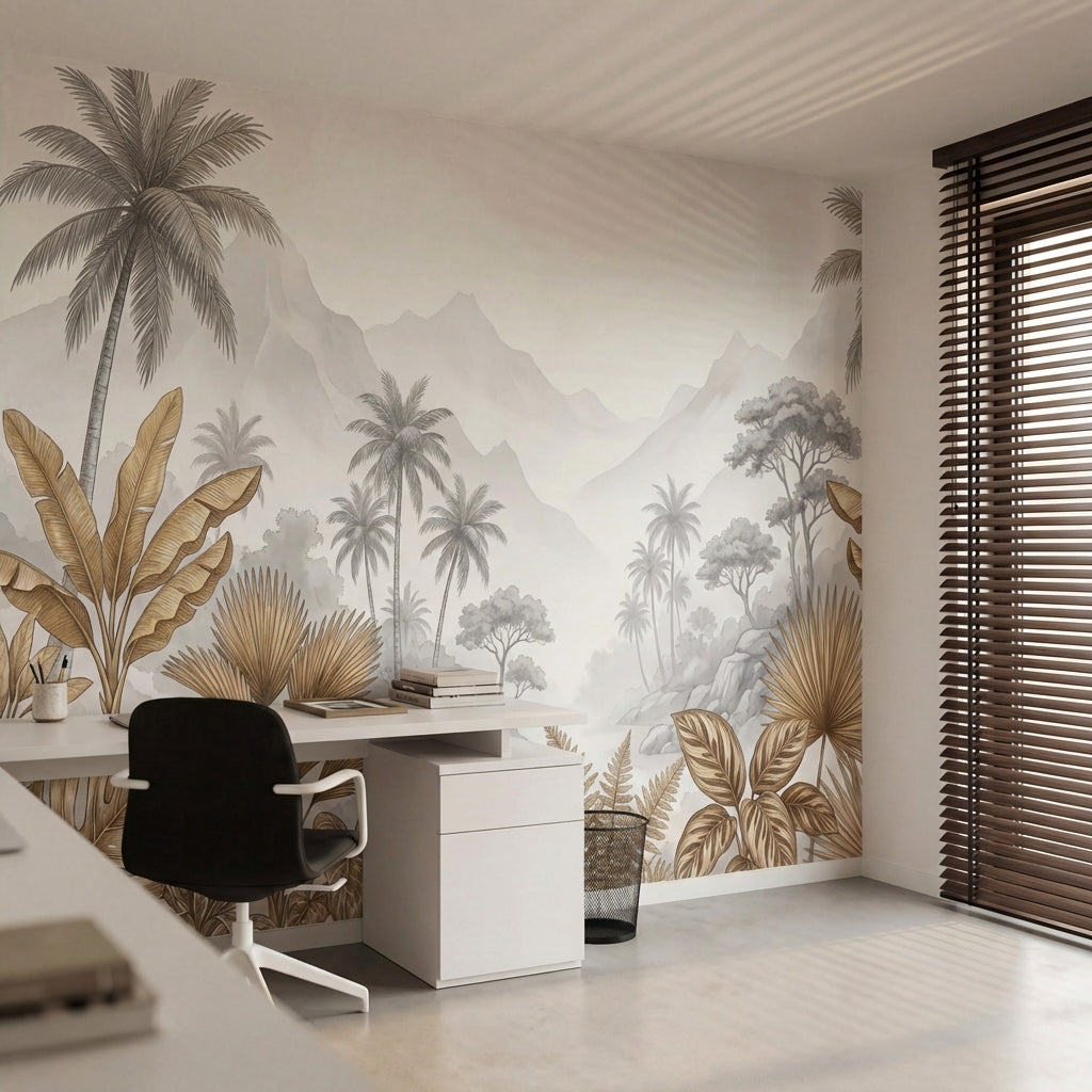 papier peint panoramique palmier dore feuilles bananiers tropicaux montagnes bru-VARIANTE-7