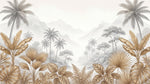 Papier peint panoramique palmier doré - Feuilles bananiers tropicaux montagnes brume fond beige rosé sur mesure - Design