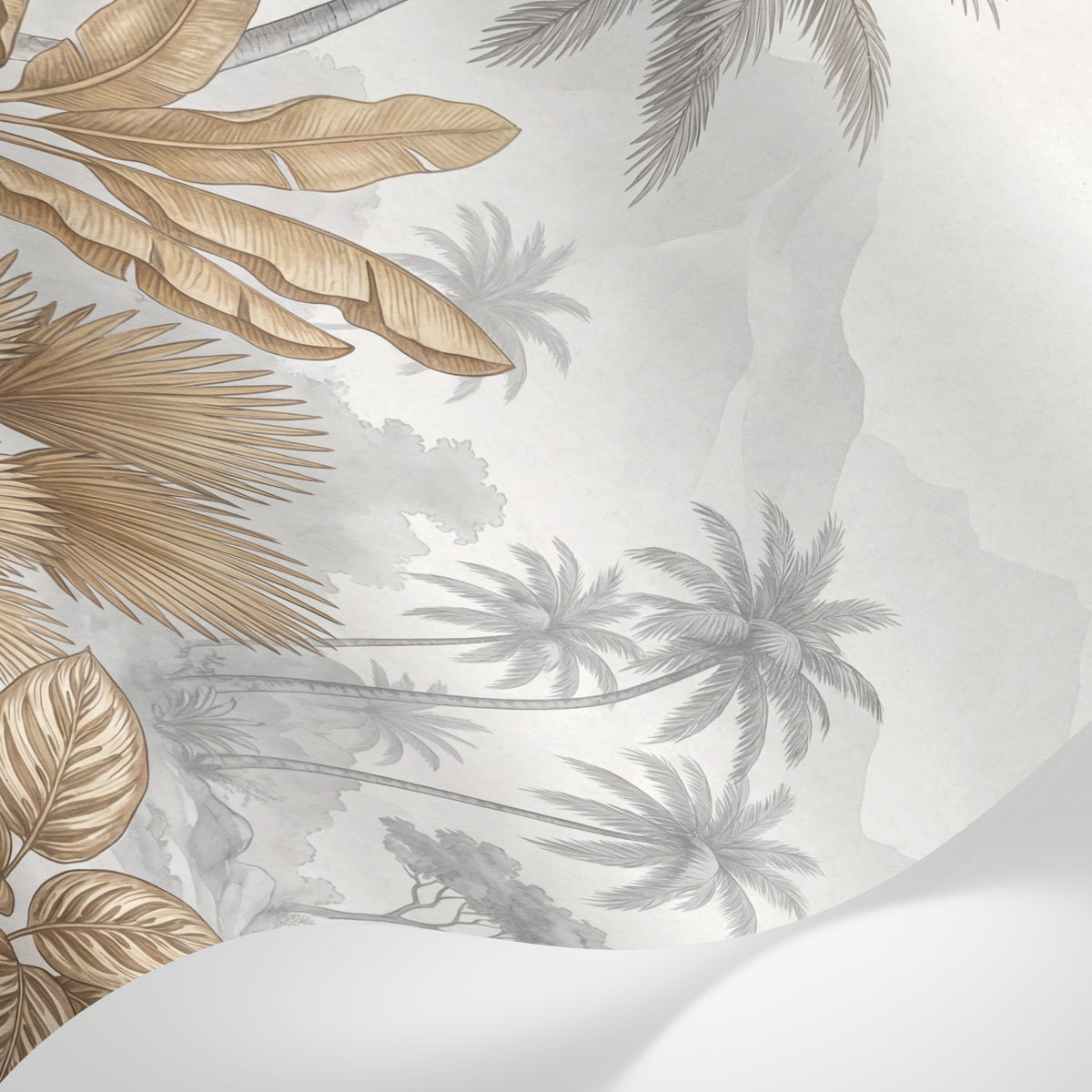 Papier peint panoramique palmier doré - Feuilles bananiers tropicaux montagnes brume fond beige rosé sur mesure - Matière