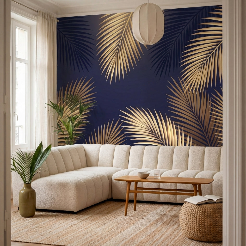 papier peint panoramique palmier dore feuilles tropicales nervures detaillees fo-8