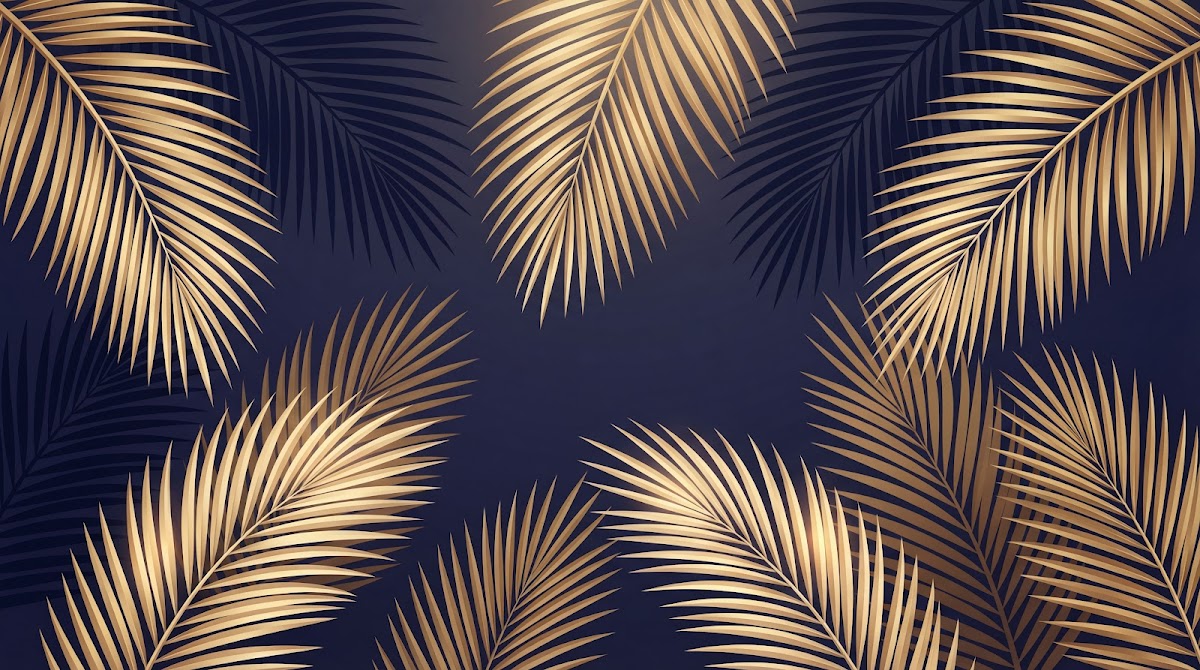 Papier peint panoramique palmier doré - Feuilles tropicales nervures détaillées fond bleu nuit profond sur mesure - Design