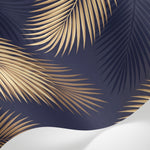 Papier peint panoramique palmier doré - Feuilles tropicales nervures détaillées fond bleu nuit profond sur mesure - Matière