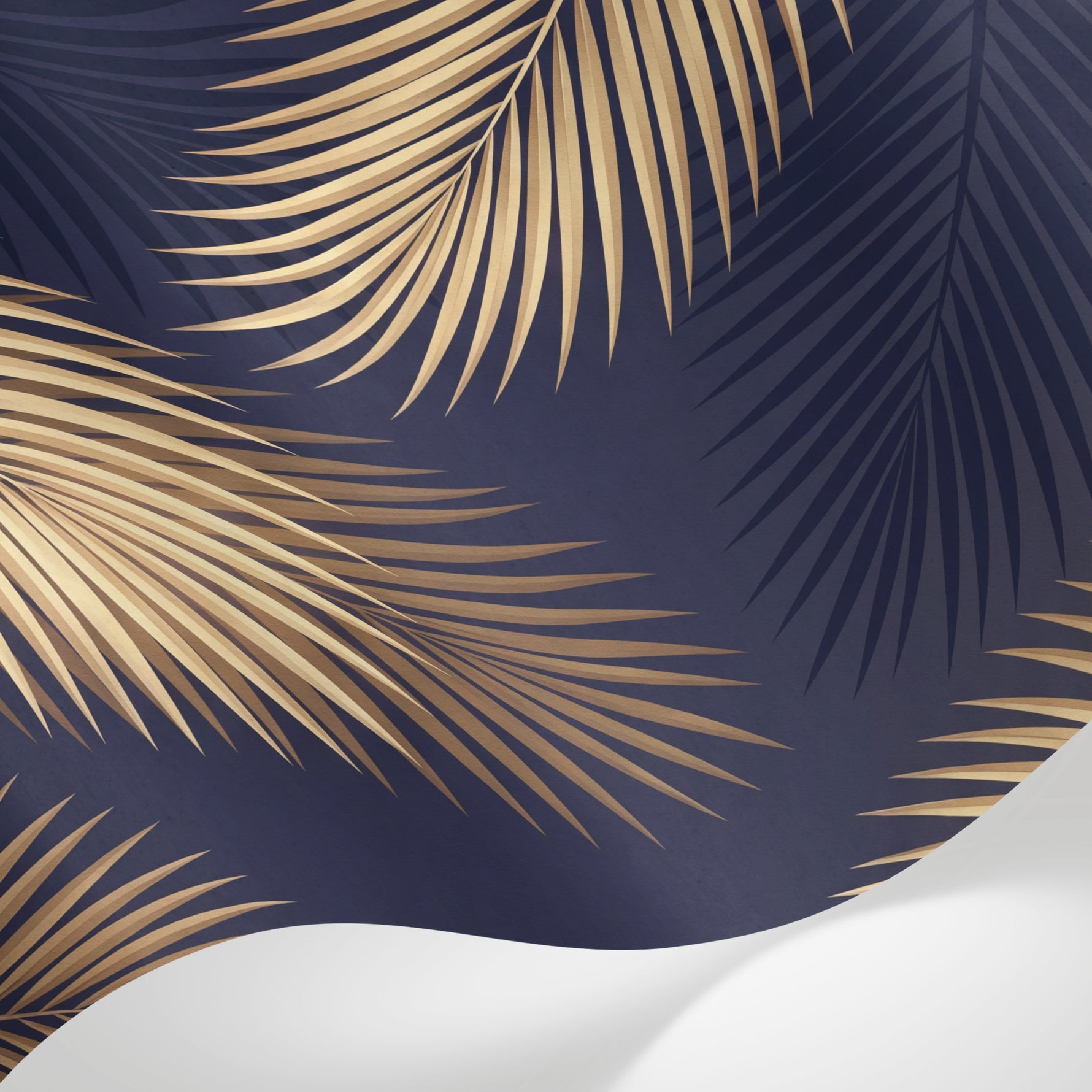 Papier peint panoramique palmier doré - Feuilles tropicales nervures détaillées fond bleu nuit profond sur mesure - Matière