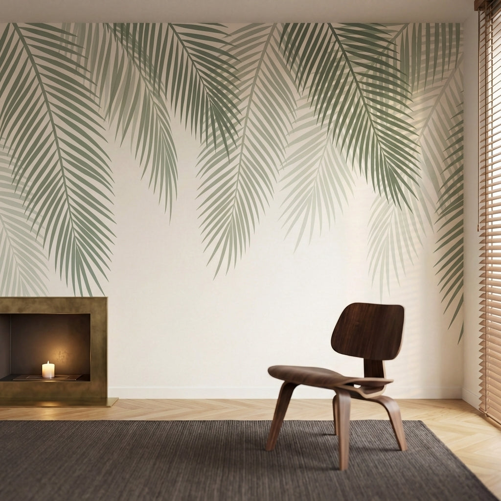 papier peint panoramique palmier feuillage tropical superpose tons vert sauge be-1