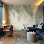 papier peint panoramique palmier feuillage tropical superpose tons vert sauge be-7