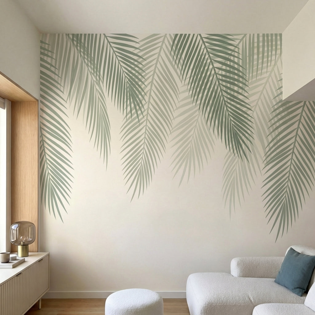 papier peint panoramique palmier feuillage tropical superpose tons vert sauge be-HERO-7