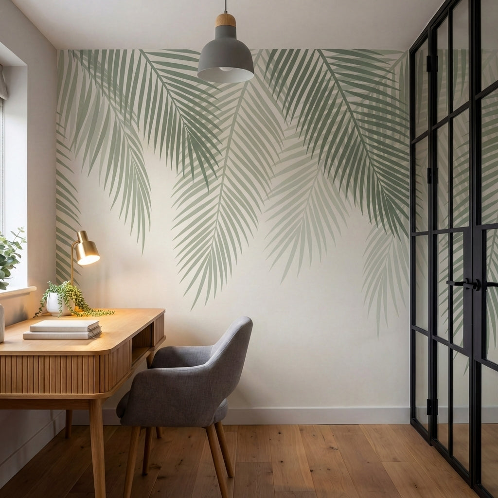 papier peint panoramique palmier feuillage tropical superpose tons vert sauge be-VARIANTE-6
