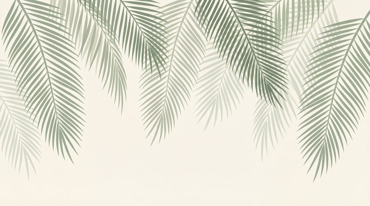 Papier peint panoramique palmier - Feuillage tropical superposé tons vert sauge beige et blanc crème sur mesure - Design