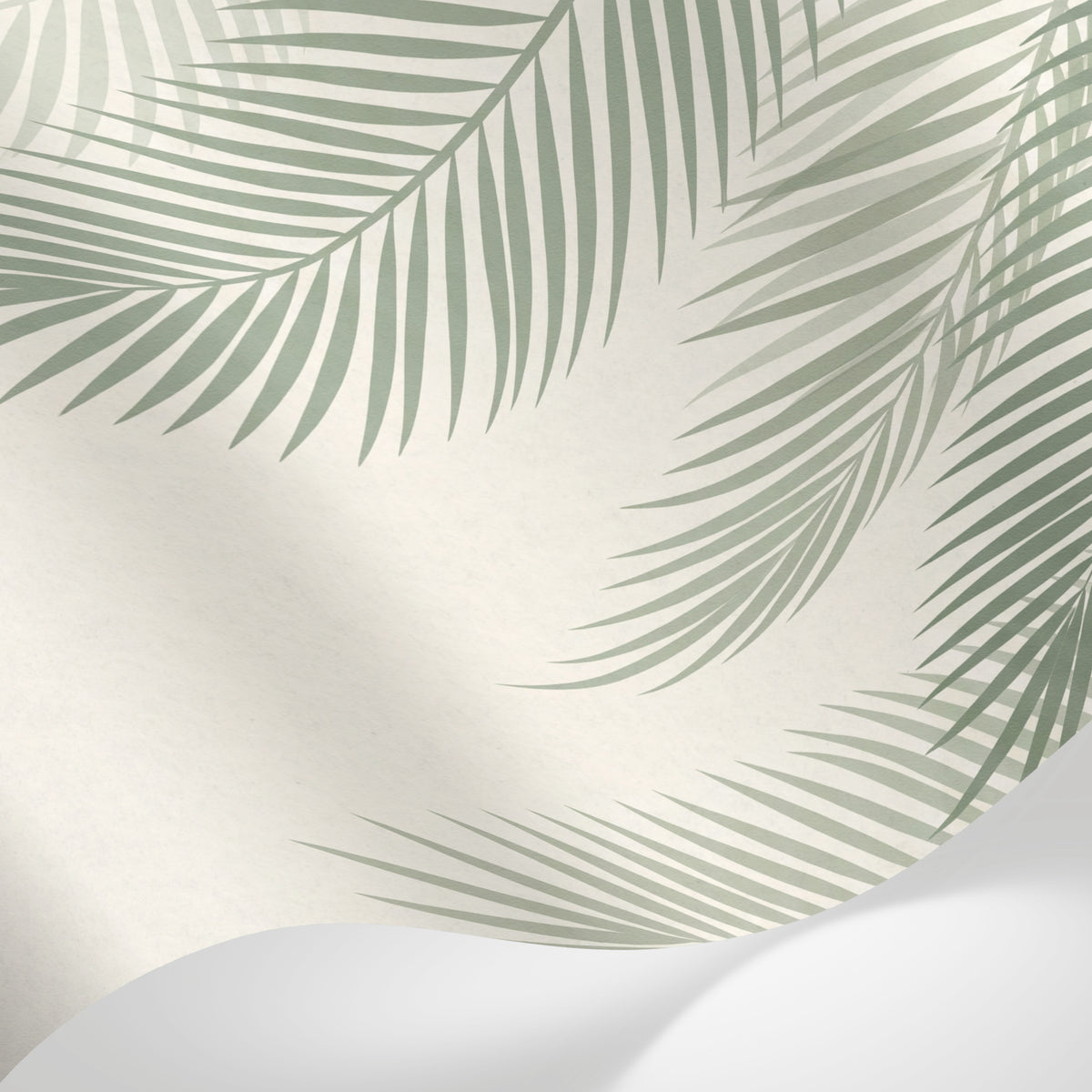 Papier peint panoramique palmier - Feuillage tropical superposé tons vert sauge beige et blanc crème sur mesure - Matière