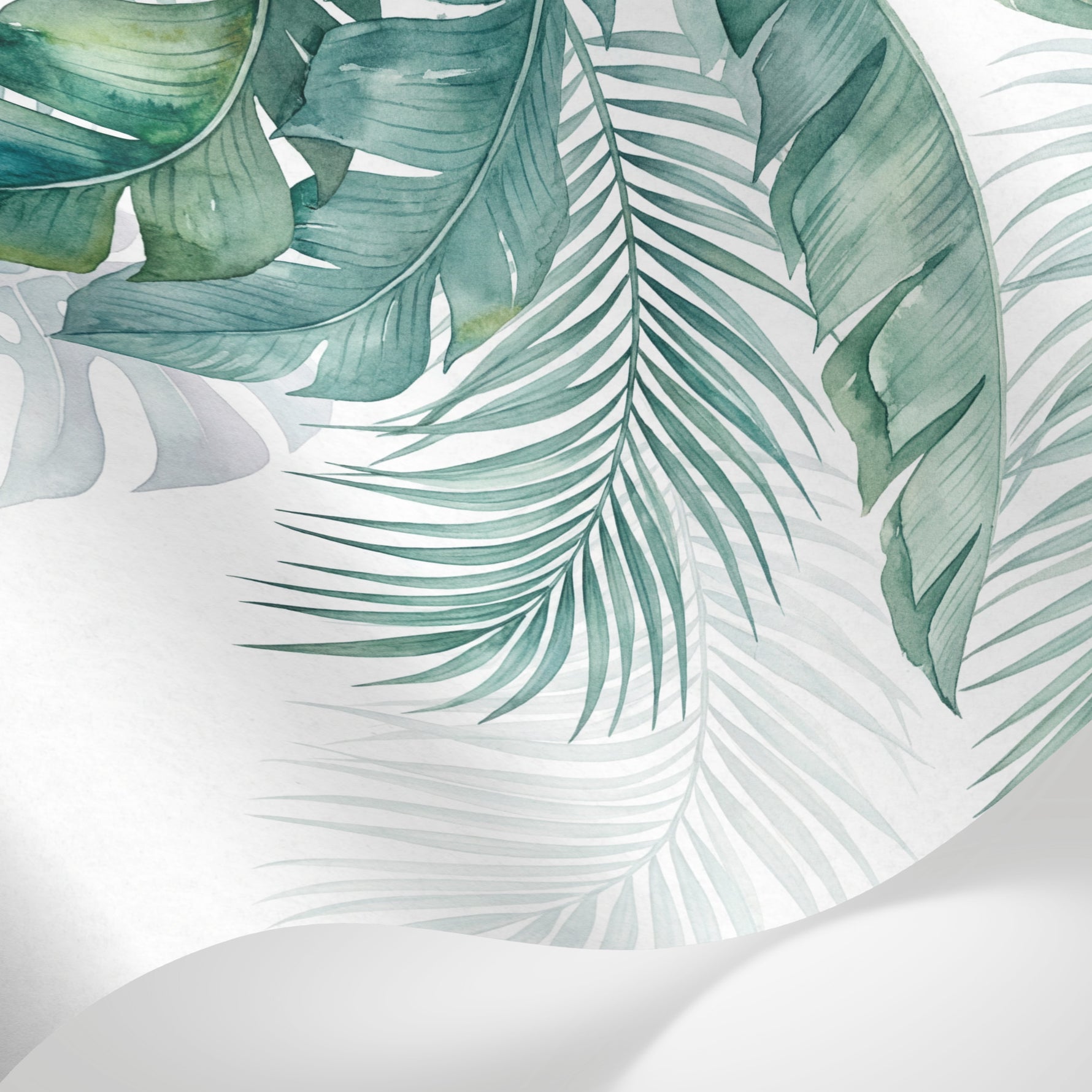 Papier peint panoramique palmier - Feuilles bananiers superposées aquarelle fond blanc crème et vert sauge sur mesure - Matière
