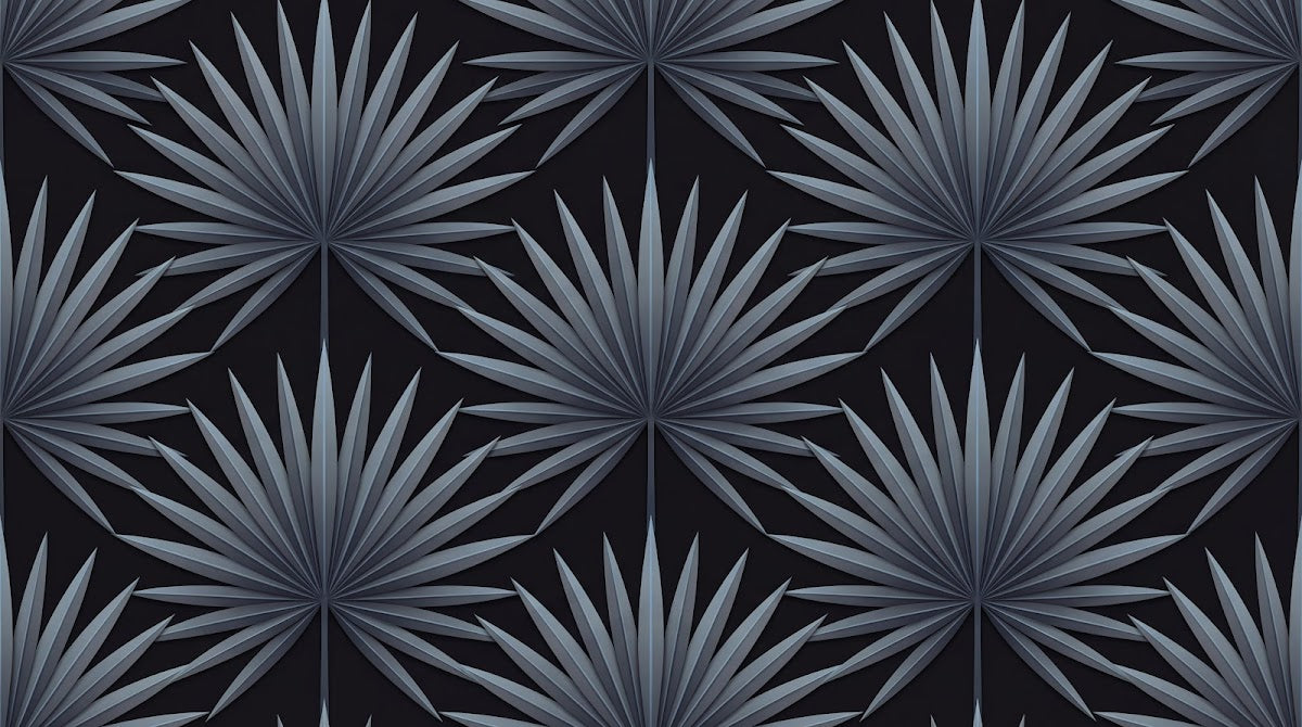 Papier peint panoramique palmier - Feuilles éventail géométriques motifs répétitifs gris bleu fond noir sur mesure - Design