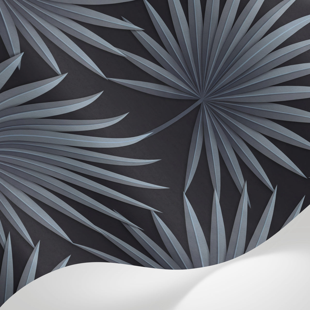 Papier peint panoramique palmier - Feuilles éventail géométriques motifs répétitifs gris bleu fond noir sur mesure - Matière