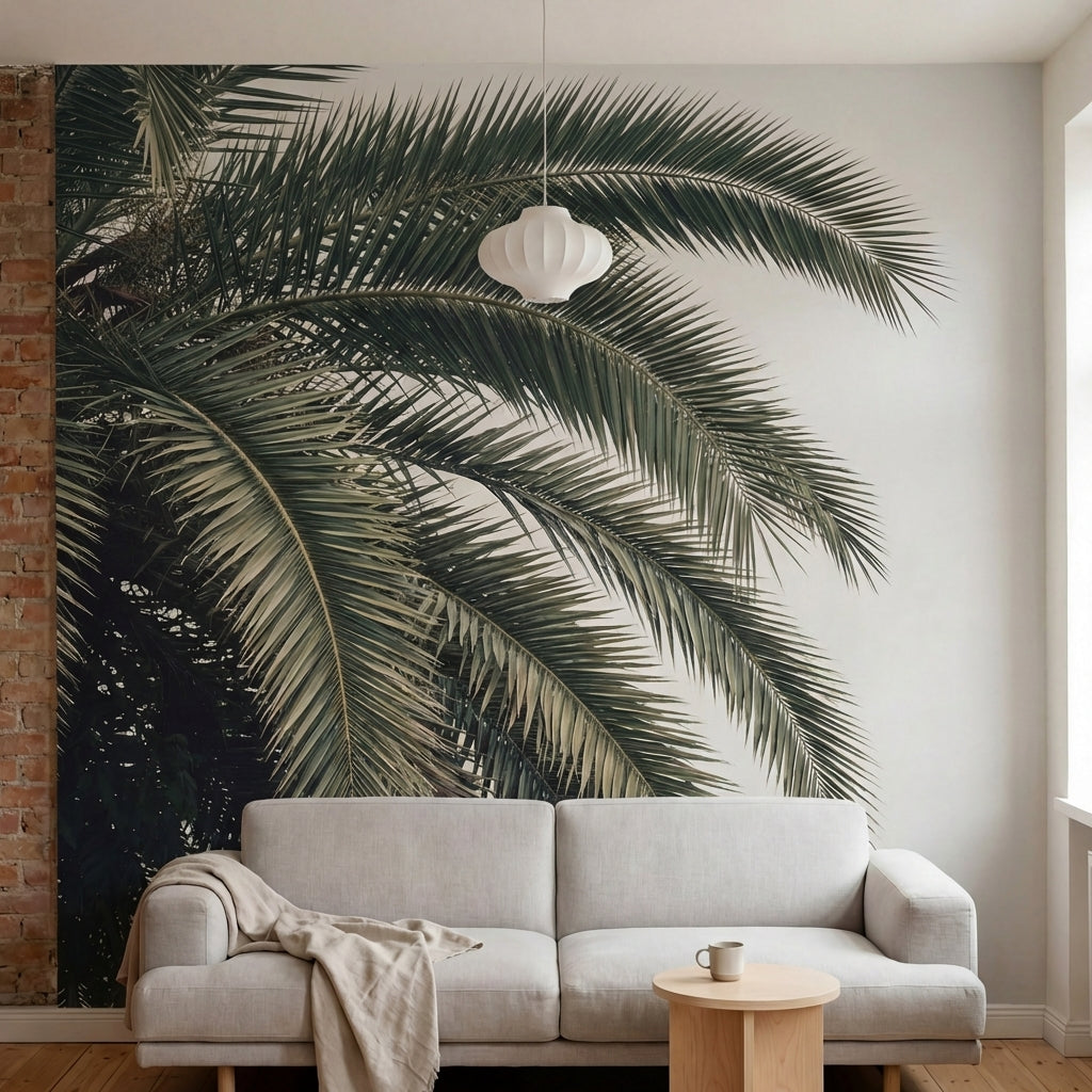 papier peint panoramique palmier feuilles tropicales arquees superposees fond be-4