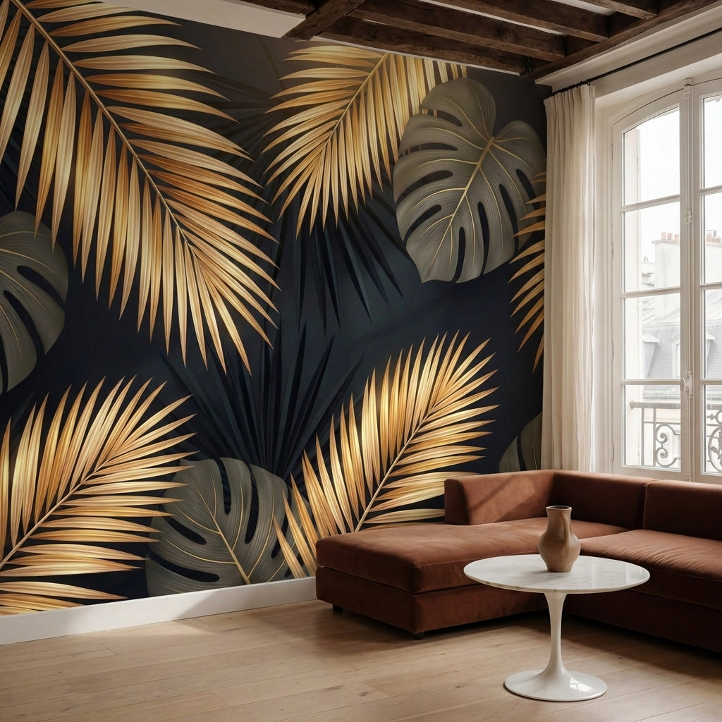 papier peint panoramique palmier feuilles tropicales bananier monstera tons dore-1