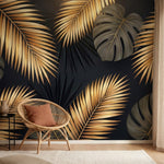 papier peint panoramique palmier feuilles tropicales bananier monstera tons dore-1