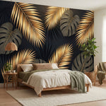 papier peint panoramique palmier feuilles tropicales bananier monstera tons dore-6