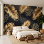 papier peint panoramique palmier feuilles tropicales bananier monstera tons dore-VARIANTE-9