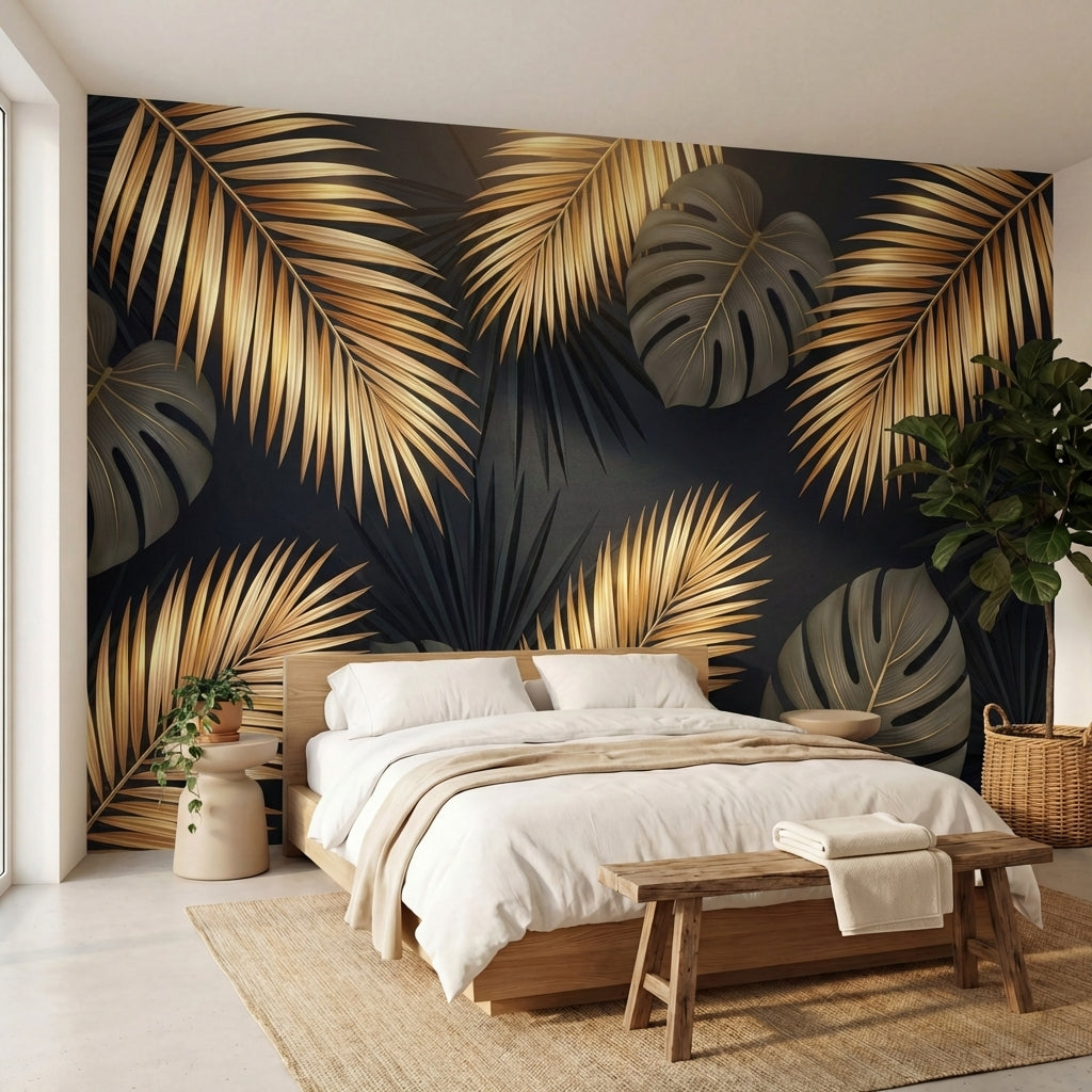 papier peint panoramique palmier feuilles tropicales bananier monstera tons dore-VARIANTE-9