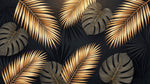 Papier peint panoramique palmier - Feuilles tropicales bananier monstera tons doré cuivré fond noir profond sur mesure - Design