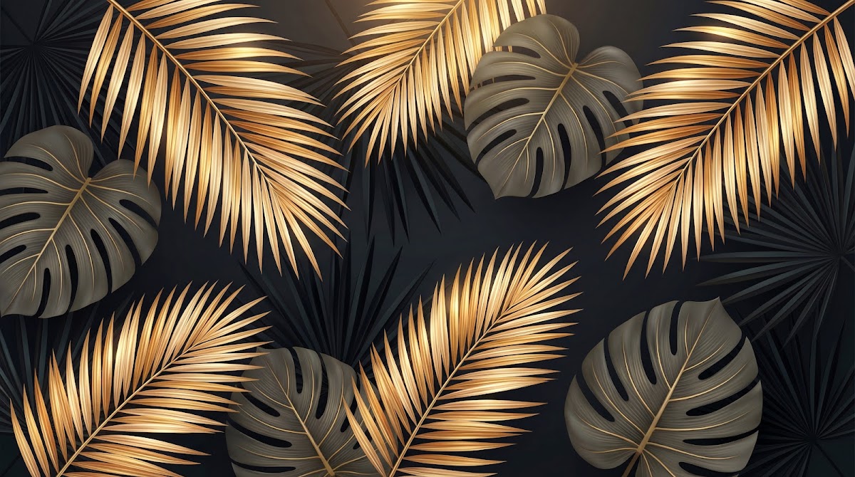 Papier peint panoramique palmier - Feuilles tropicales bananier monstera tons doré cuivré fond noir profond sur mesure - Design