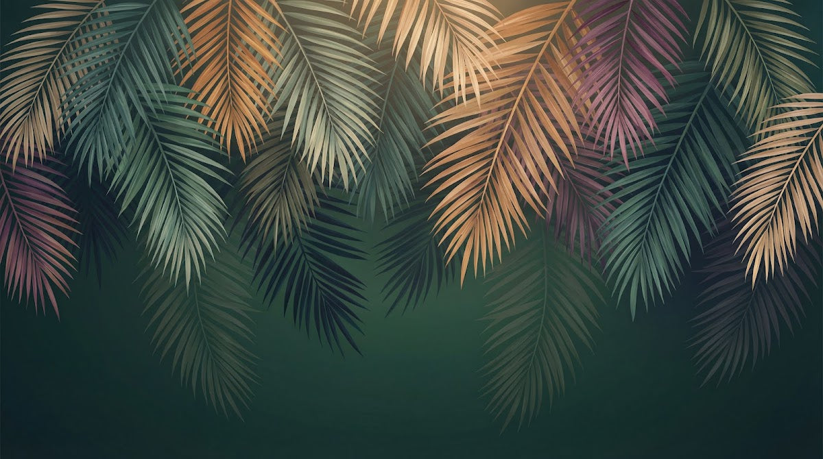 Papier peint panoramique palmier - Feuilles tropicales superposées dégradé vert bronze orange et violet sur mesure - Design