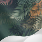 Papier peint panoramique palmier - Feuilles tropicales superposées dégradé vert bronze orange et violet sur mesure - Matière