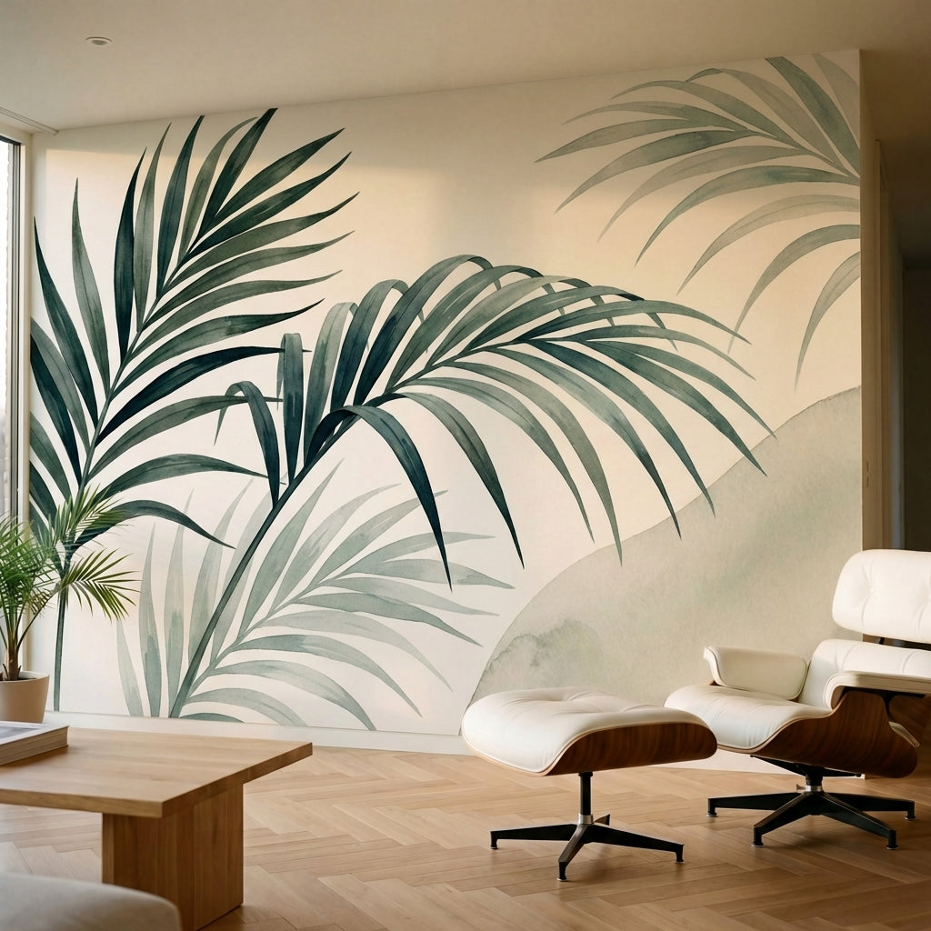 papier peint panoramique palmier fronds tropicales elegantes tons vert sauge et -1