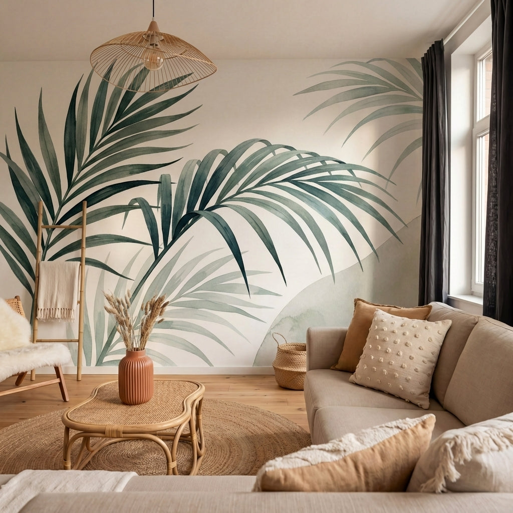 papier peint panoramique palmier fronds tropicales elegantes tons vert sauge et -6