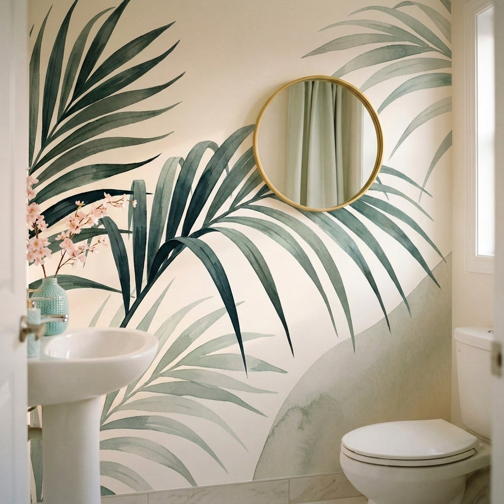 papier peint panoramique palmier fronds tropicales elegantes tons vert sauge et -7
