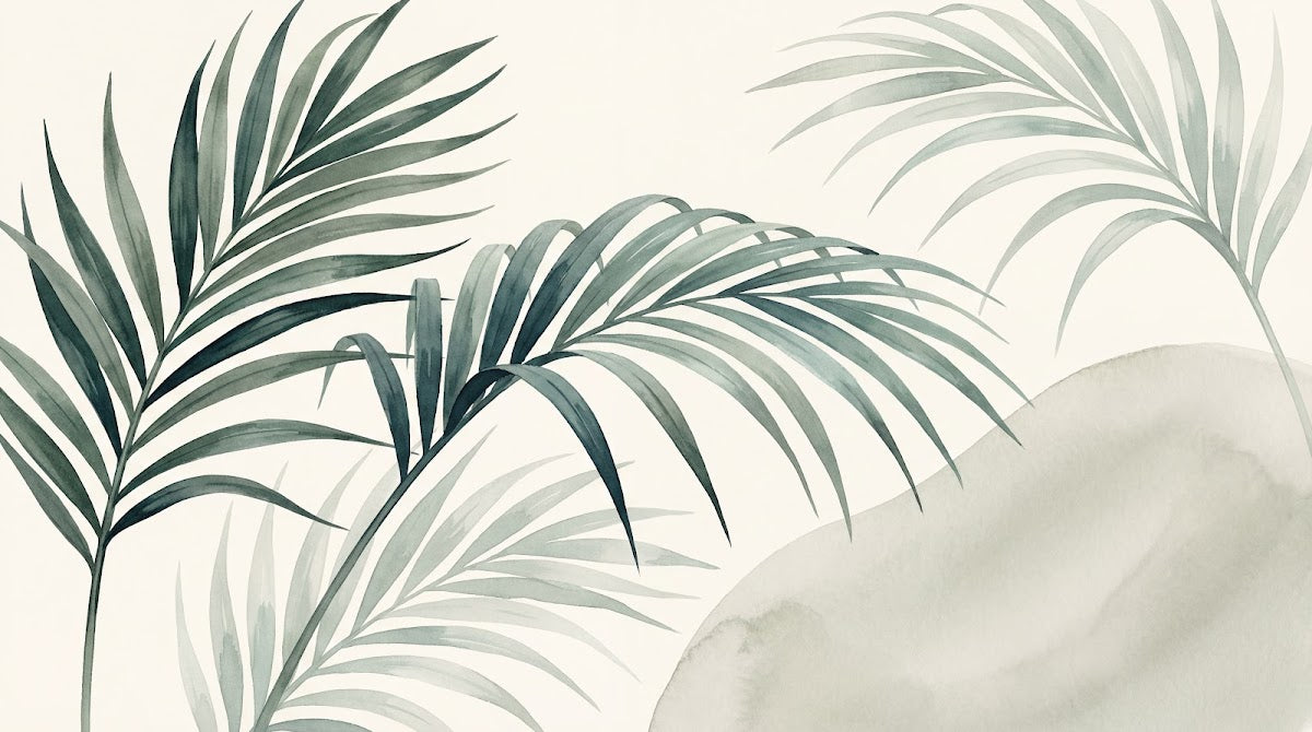 Papier peint panoramique palmier - Fronds tropicales élégantes tons vert sauge et beige crème sur mesure - Design