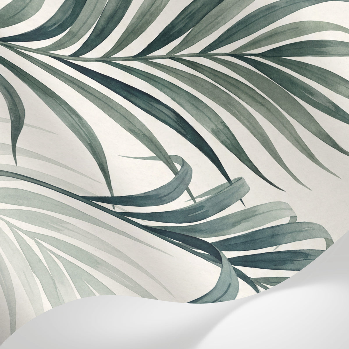 Papier peint panoramique palmier - Fronds tropicales élégantes tons vert sauge et beige crème sur mesure - Matière