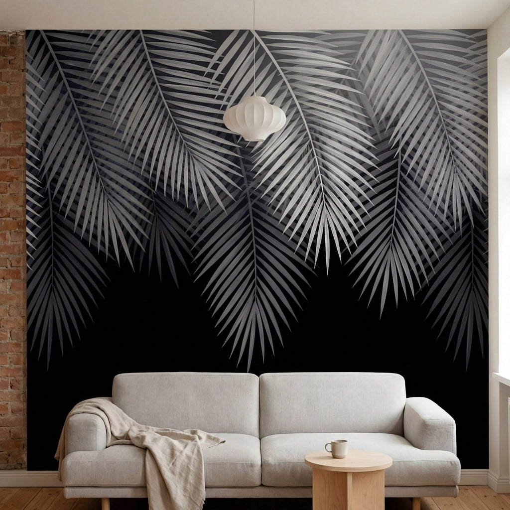 papier peint panoramique palmier noir et blanc feuilles tropicales superposees d-1
