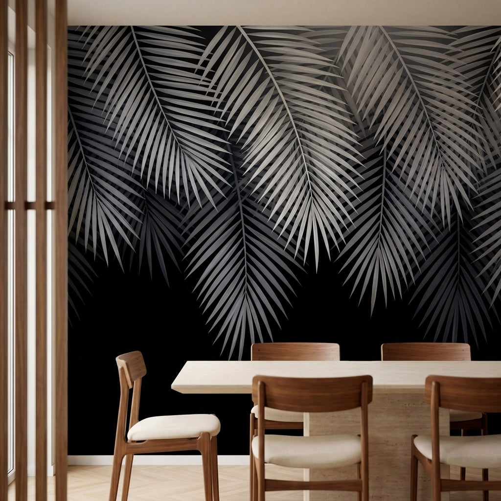 papier peint panoramique palmier noir et blanc feuilles tropicales superposees d-2