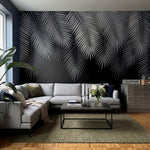 papier peint panoramique palmier noir et blanc feuilles tropicales superposees d-7
