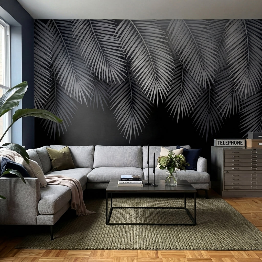 papier peint panoramique palmier noir et blanc feuilles tropicales superposees d-7