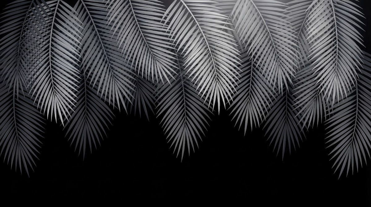 Papier peint panoramique palmier - Feuilles tropicales superposées dégradé gris anthracite sur mesure - Design