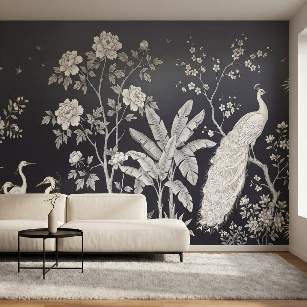 papier peint panoramique paon herons grues oiseaux tropicaux fleurs cerisier fon-1