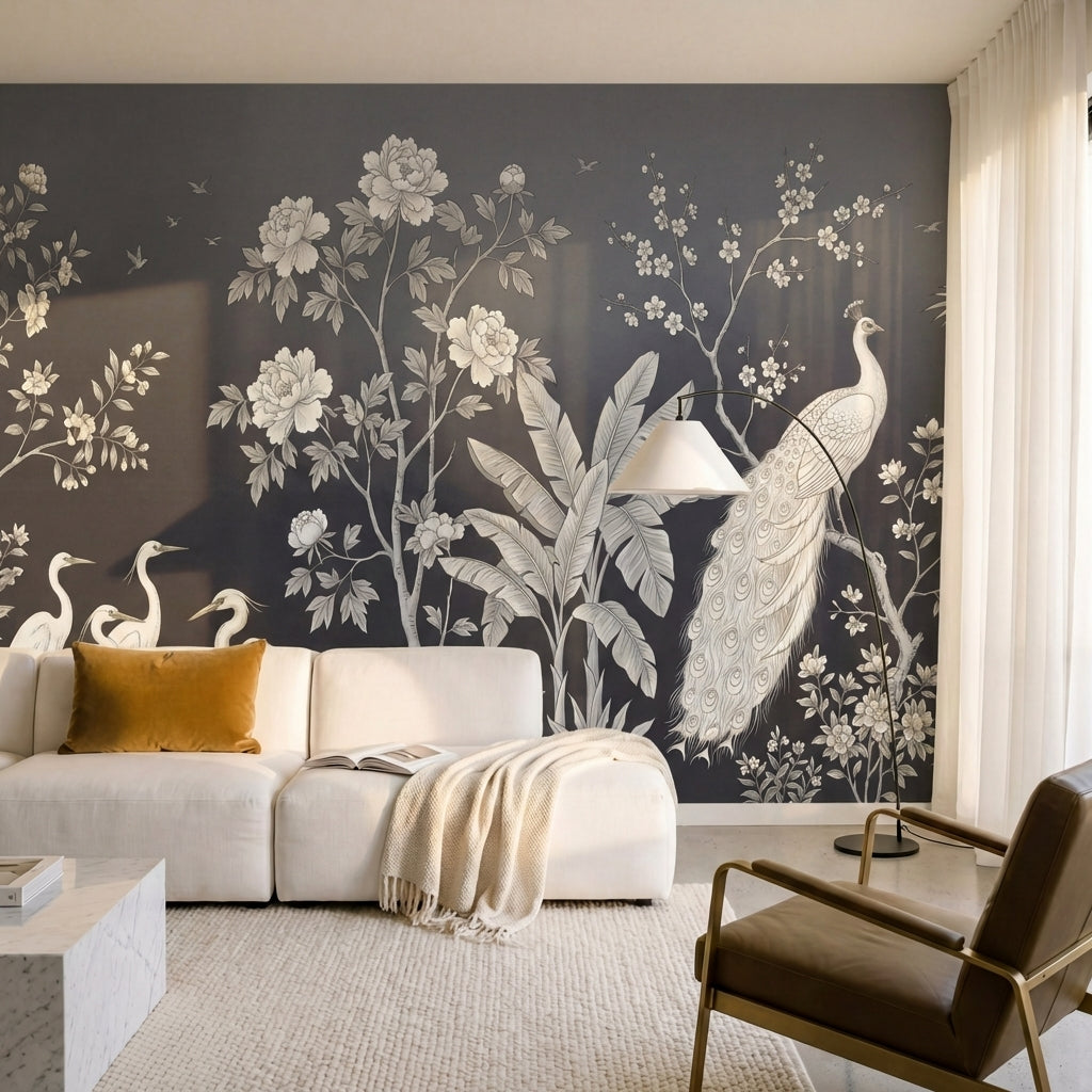 papier peint panoramique paon herons grues oiseaux tropicaux fleurs cerisier fon-6