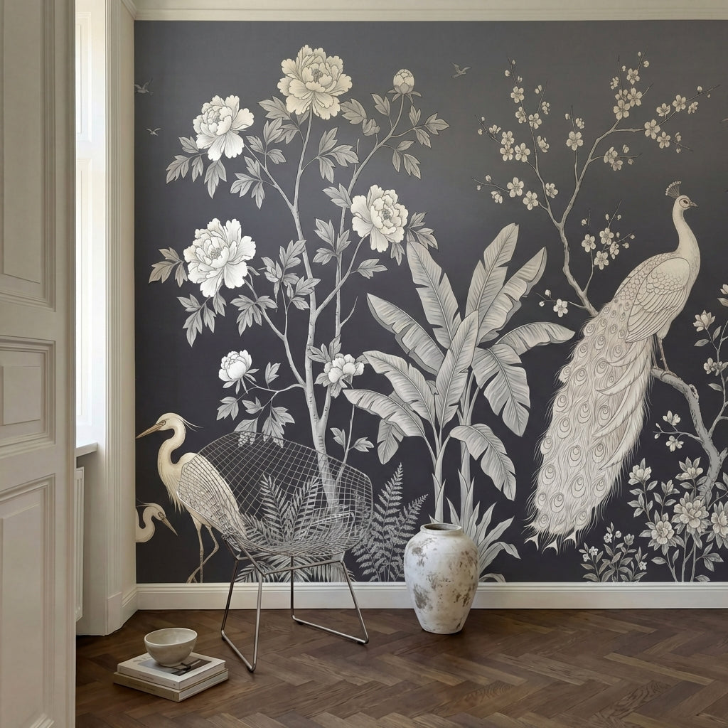 papier peint panoramique paon herons grues oiseaux tropicaux fleurs cerisier fon-HERO-10